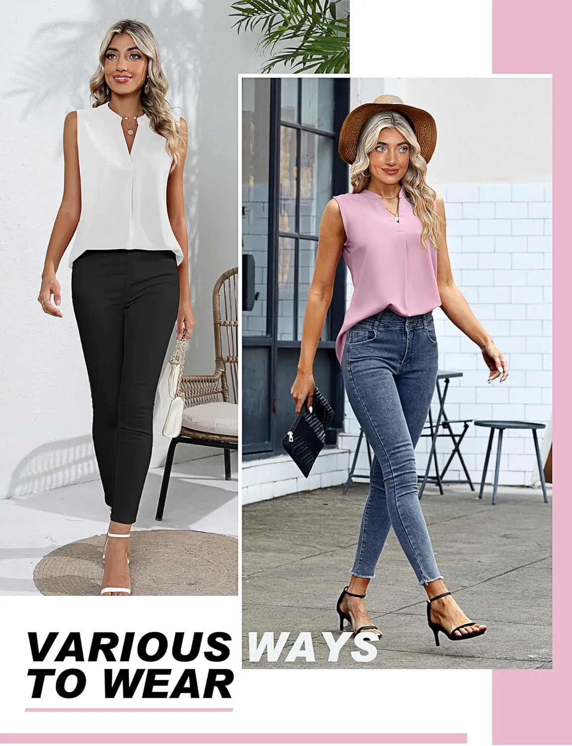 2 Pack Women's Sleeveless Tank Tops, Chiffon Sparkly V Neck Pleated Blouses Loose Fit Tunic Top Dressy Casual Shirt
