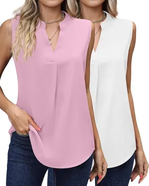 2 Pack Women's Sleeveless Tank Tops, Chiffon Sparkly V Neck Pleated Blouses Loose Fit Tunic Top Dressy Casual Shirt
