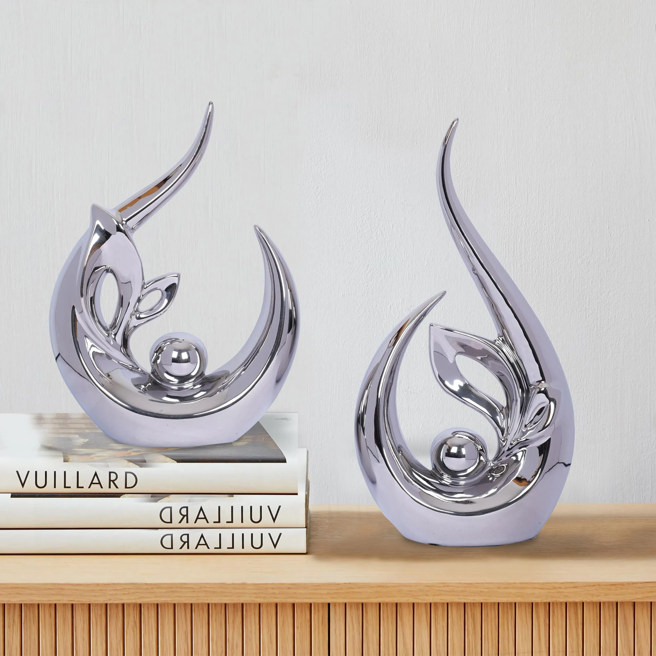 2 PCS Silver Decor Accent Ceramic Statue Abstract Sculptures Centerpieces Mid Century Modern Decor for Tables Coffee Table top Decorations for Living Room Desktop Shelf Dining Room Kitchen