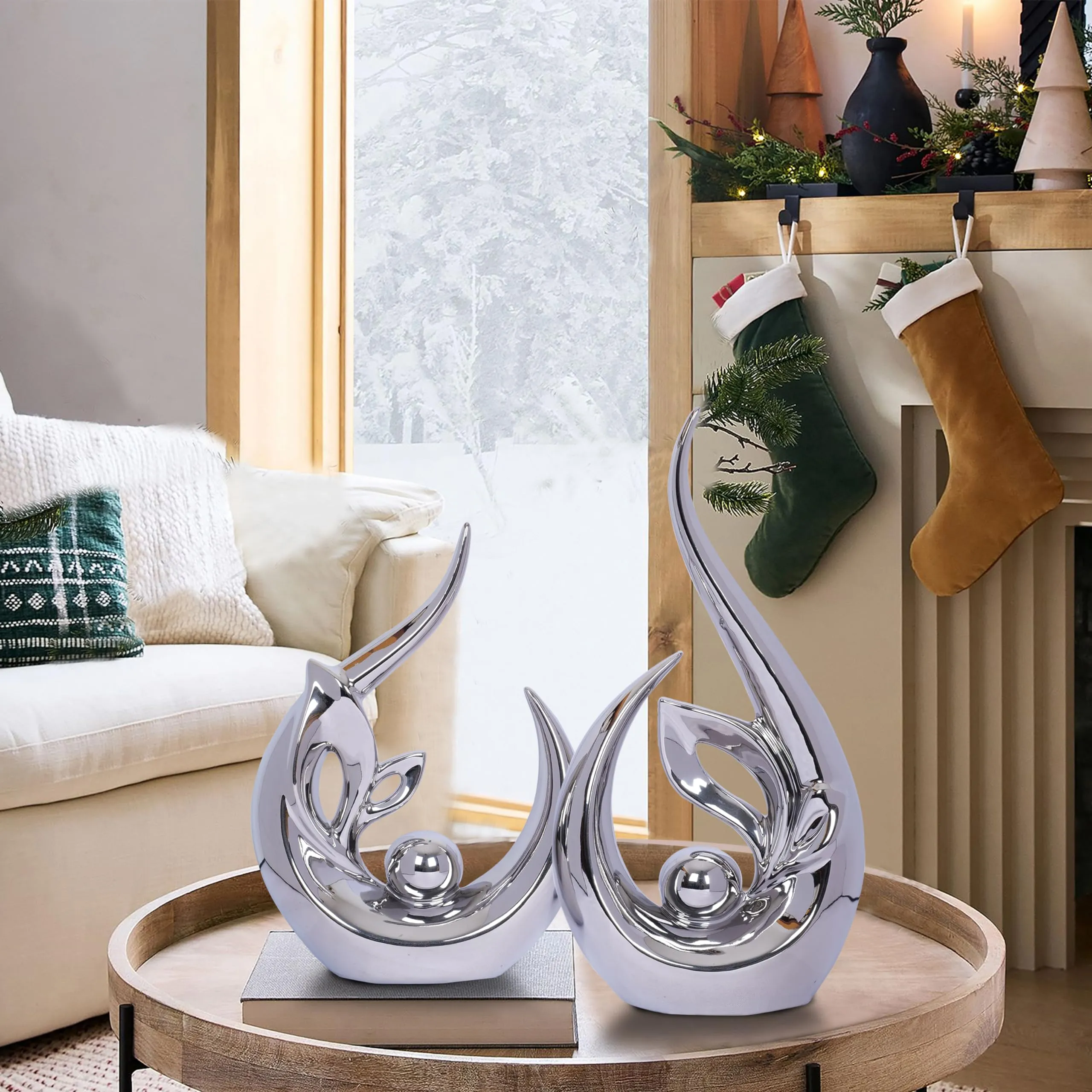 2 PCS Silver Decor Accent Ceramic Statue Abstract Sculptures Centerpieces Mid Century Modern Decor for Tables Coffee Table top Decorations for Living Room Desktop Shelf Dining Room Kitchen