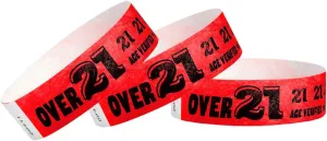 500 WristCo Over 21 Neon Red Tyvek Wristbands for Events -  x 10 - Waterproof Recyclable Comfortable Tear Resistant Paper Bracelets Wrist Bands for Concerts Festivals Admission Party