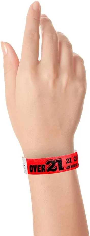 500 WristCo Over 21 Neon Red Tyvek Wristbands for Events -  x 10 - Waterproof Recyclable Comfortable Tear Resistant Paper Bracelets Wrist Bands for Concerts Festivals Admission Party