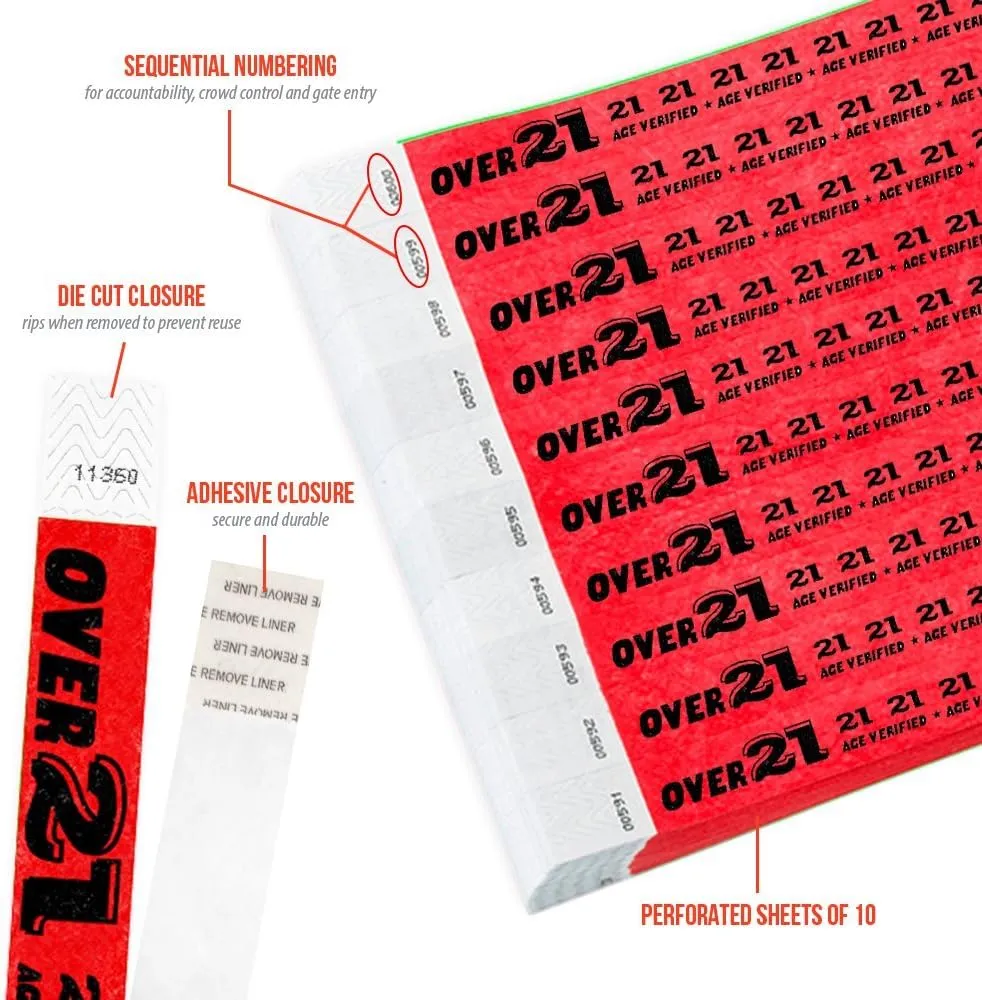 500 WristCo Over 21 Neon Red Tyvek Wristbands for Events -  x 10 - Waterproof Recyclable Comfortable Tear Resistant Paper Bracelets Wrist Bands for Concerts Festivals Admission Party