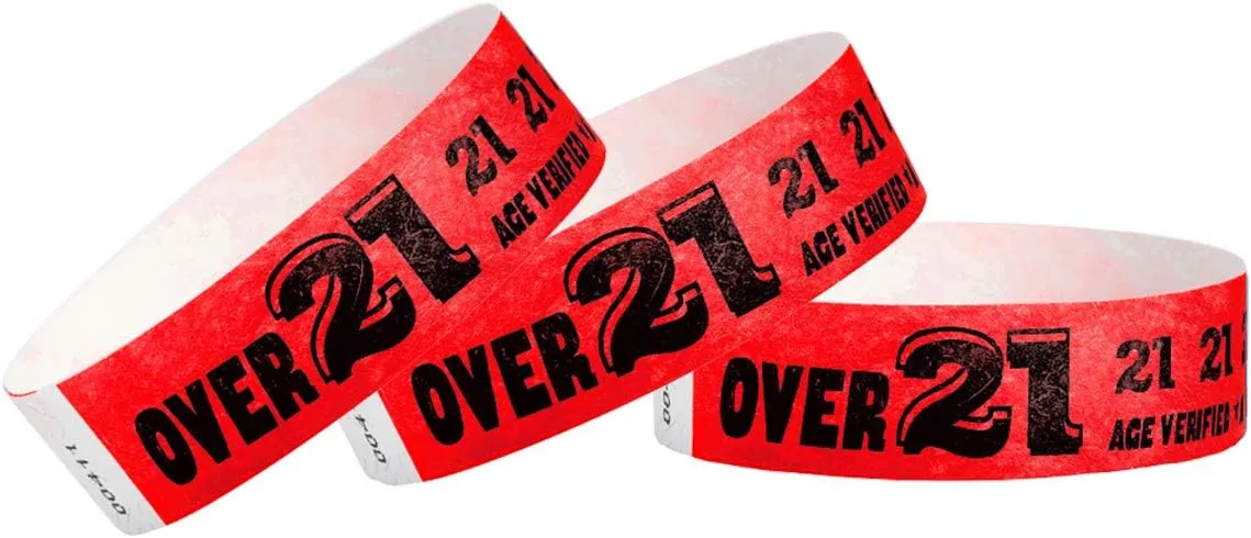 500 WristCo Over 21 Neon Red Tyvek Wristbands for Events -  x 10 - Waterproof Recyclable Comfortable Tear Resistant Paper Bracelets Wrist Bands for Concerts Festivals Admission Party
