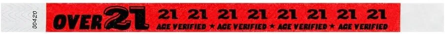 500 WristCo Over 21 Neon Red Tyvek Wristbands for Events -  x 10 - Waterproof Recyclable Comfortable Tear Resistant Paper Bracelets Wrist Bands for Concerts Festivals Admission Party