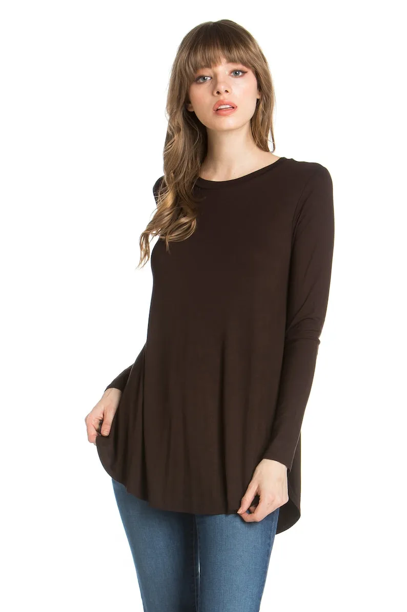 Azules Long Sleeve Crew Neck Soft Curved Hem Tunic Top Perfect with Leggings and Jeans - Made in USA
