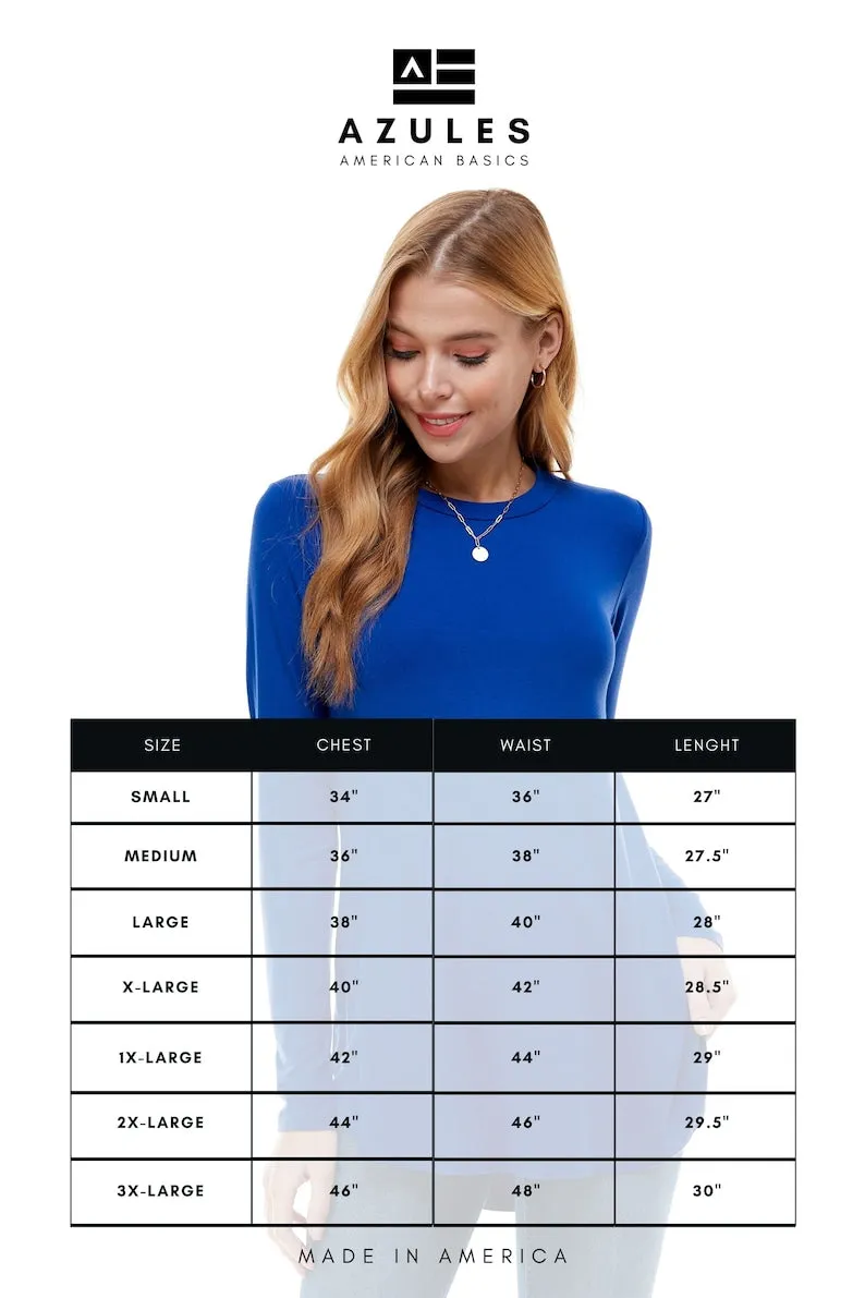 Azules Long Sleeve Crew Neck Soft Curved Hem Tunic Top Perfect with Leggings and Jeans - Made in USA