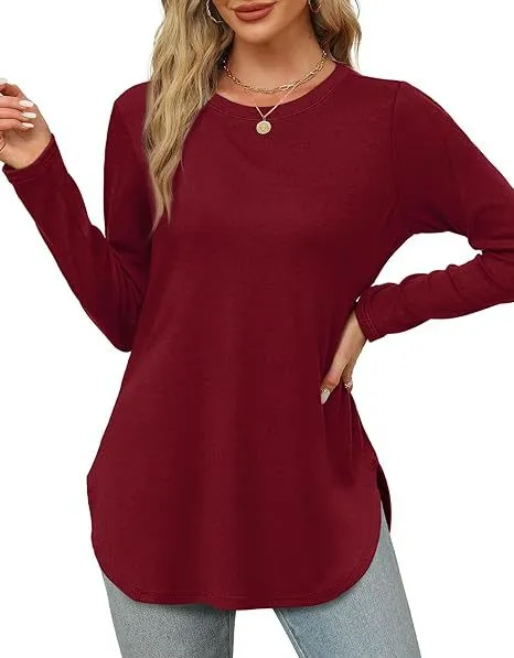 Azules Long Sleeve Crew Neck Soft Curved Hem Tunic Top Perfect with Leggings and Jeans - Made in USA