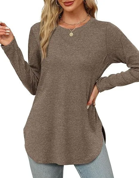 Azules Long Sleeve Crew Neck Soft Curved Hem Tunic Top Perfect with Leggings and Jeans - Made in USA