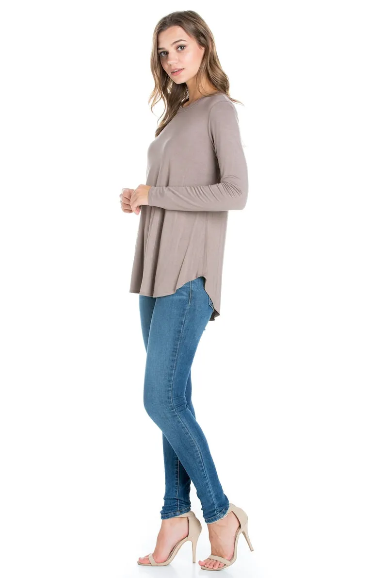 Azules Long Sleeve Crew Neck Soft Curved Hem Tunic Top Perfect with Leggings and Jeans - Made in USA