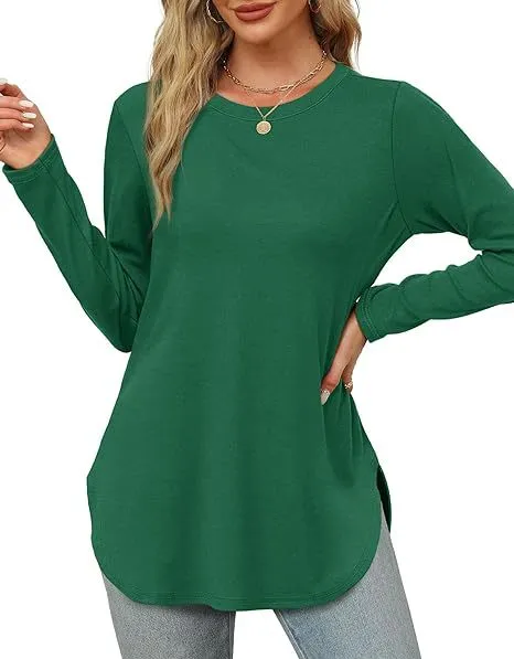 Azules Long Sleeve Crew Neck Soft Curved Hem Tunic Top Perfect with Leggings and Jeans - Made in USA