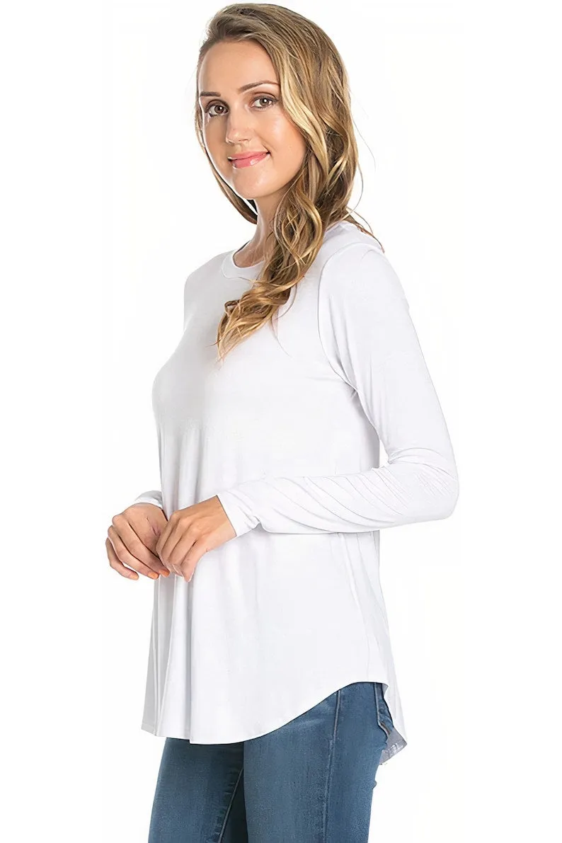 Azules Long Sleeve Crew Neck Soft Curved Hem Tunic Top Perfect with Leggings and Jeans - Made in USA