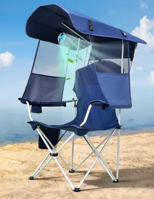 Beach Chair with Canopy Shade and Fan  360 Rotatable & 3-Speed Airflow, Camping Chair with Canopy and Powerful & Quiet Fan, Cup Holder, Side Pocket  Supports 330 LBS