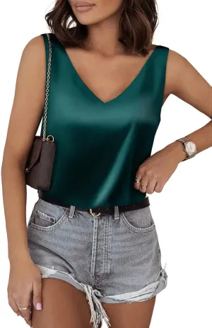 BLENCOT Tank Tops for Women V Neck Silk Summer Satin Sleeveless Blouses Basic Camisole Shirts