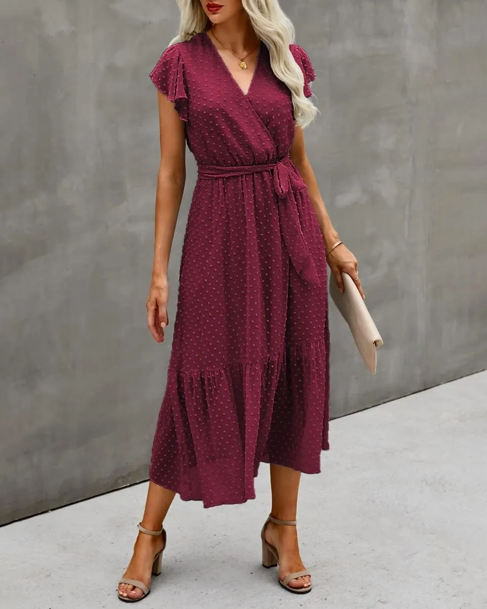 BTFBM Women Summer Bohemian Floral Casual Wrap V Neck Ruffle Cap Sleeveless Belt A-Line Pleated Hem Midi Sun Dress White