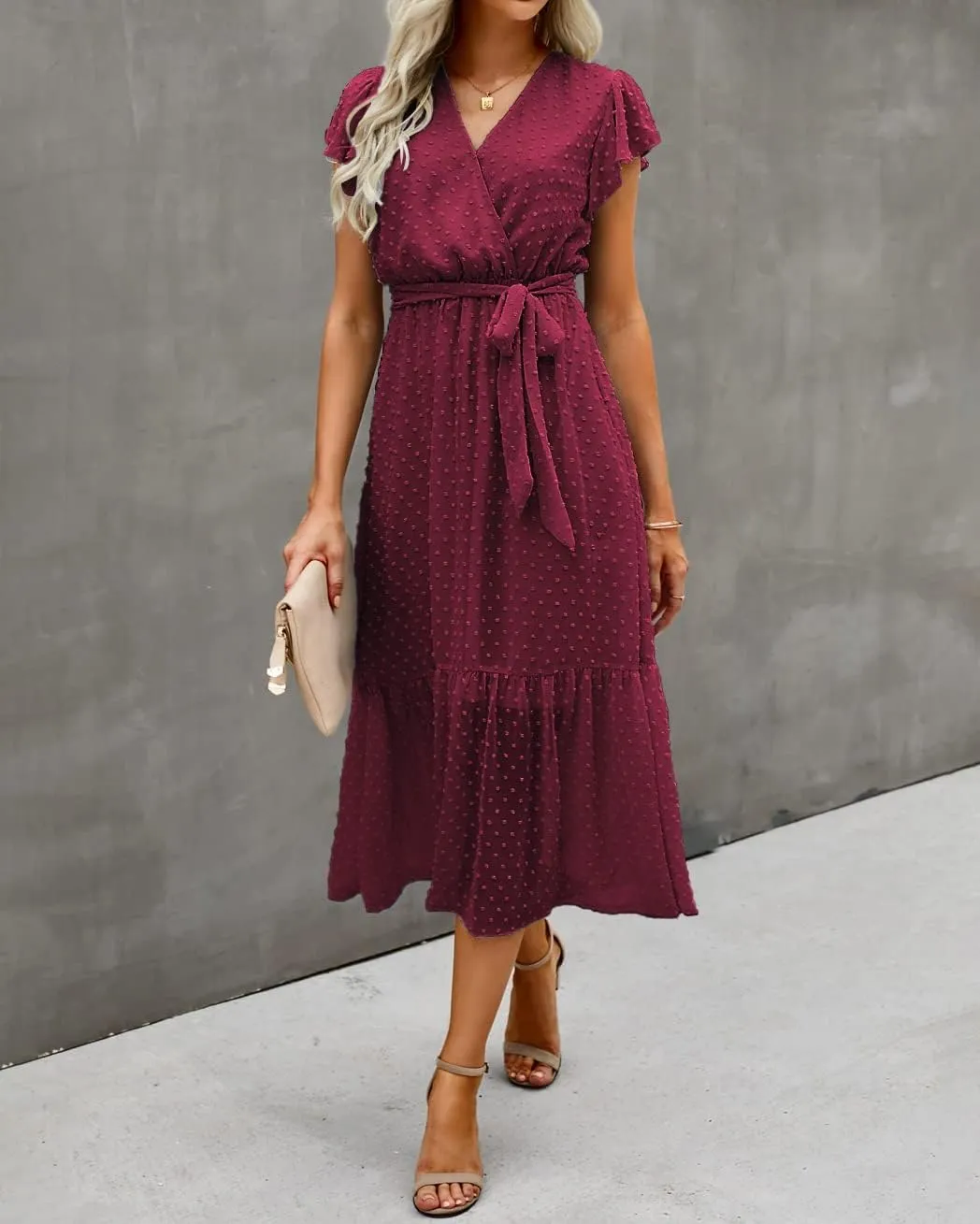 BTFBM Women Summer Bohemian Floral Casual Wrap V Neck Ruffle Cap Sleeveless Belt A-Line Pleated Hem Midi Sun Dress White
