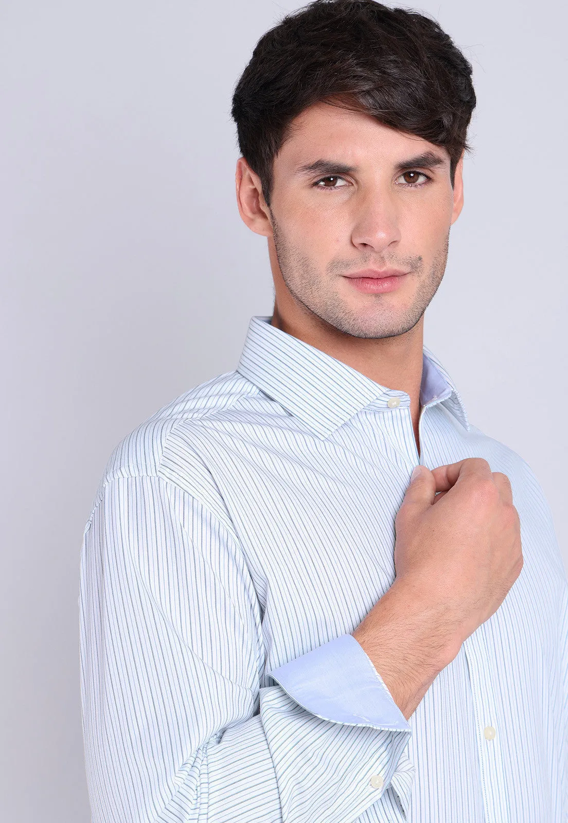 Camisa Hombre Formal Spandex Rayas Celeste