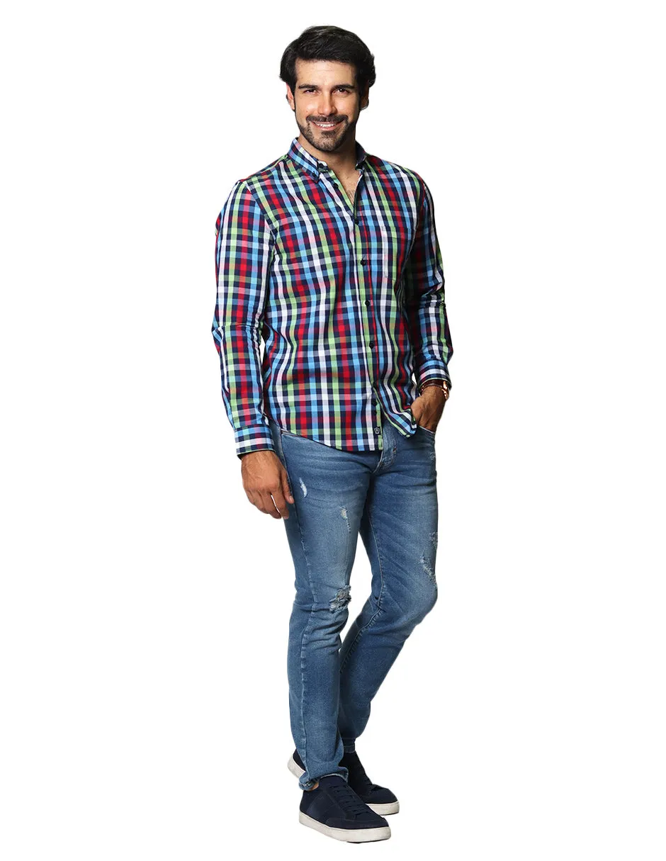 Camisas Hombre Casuales De Manga Larga Con Estampado De Cuadros Regular Fit B35209 1