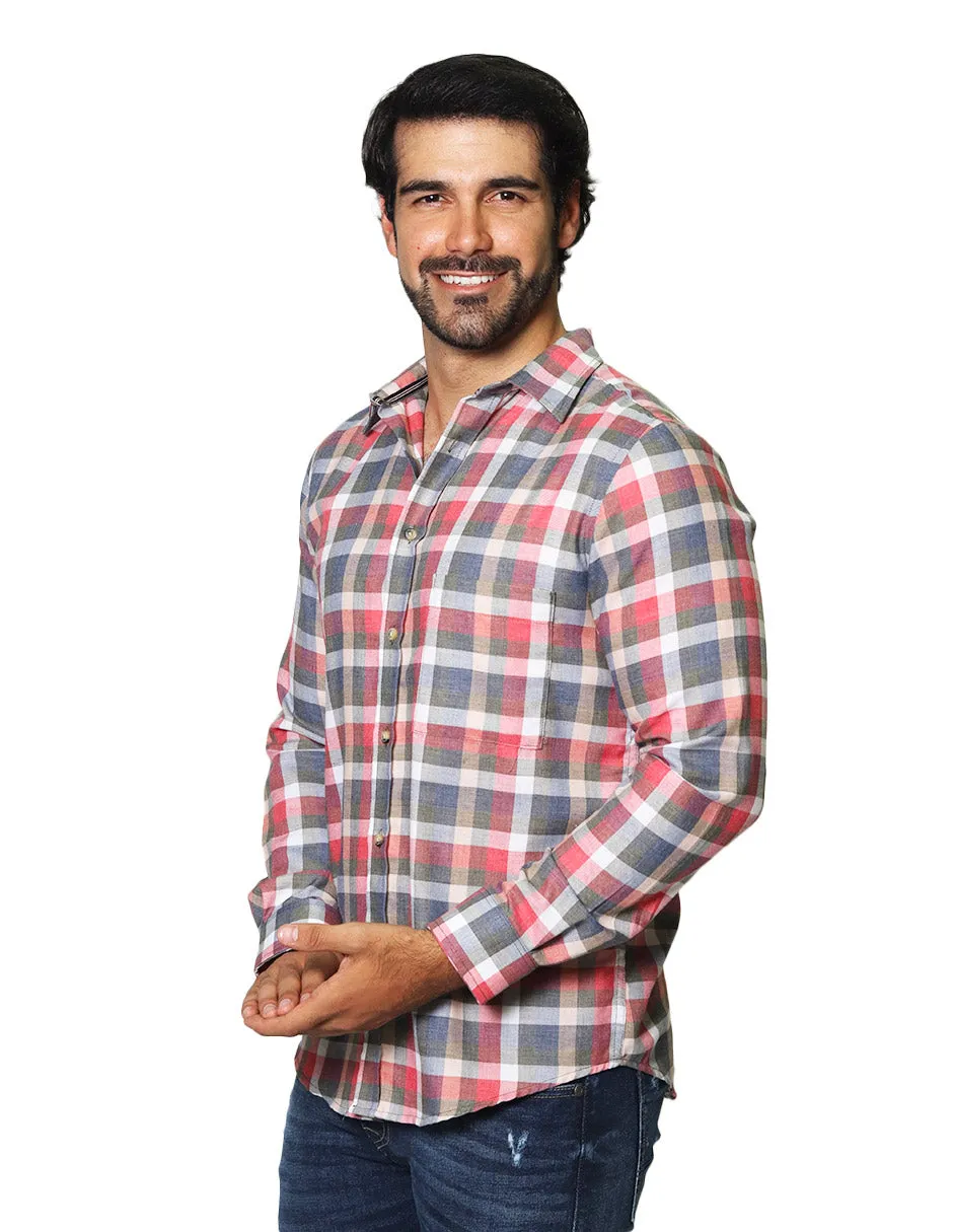 Camisas Para Hombre De Manga Larga Con Estapado De Cuadros Jaspeada Relaxed Fit B35115 Olivo