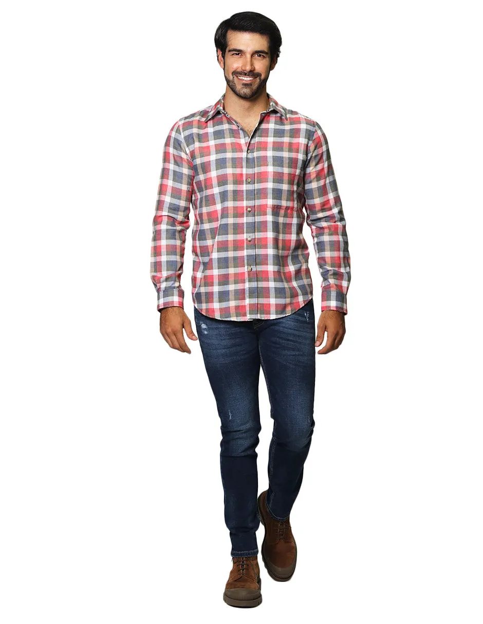 Camisas Para Hombre De Manga Larga Con Estapado De Cuadros Jaspeada Relaxed Fit B35115 Olivo
