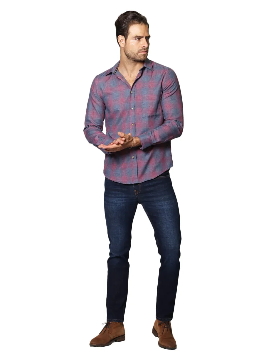 Camisas Para Hombre De Manga Larga Con Estapado De Cuadros Jaspeada Relaxed Fit B35117 Vino