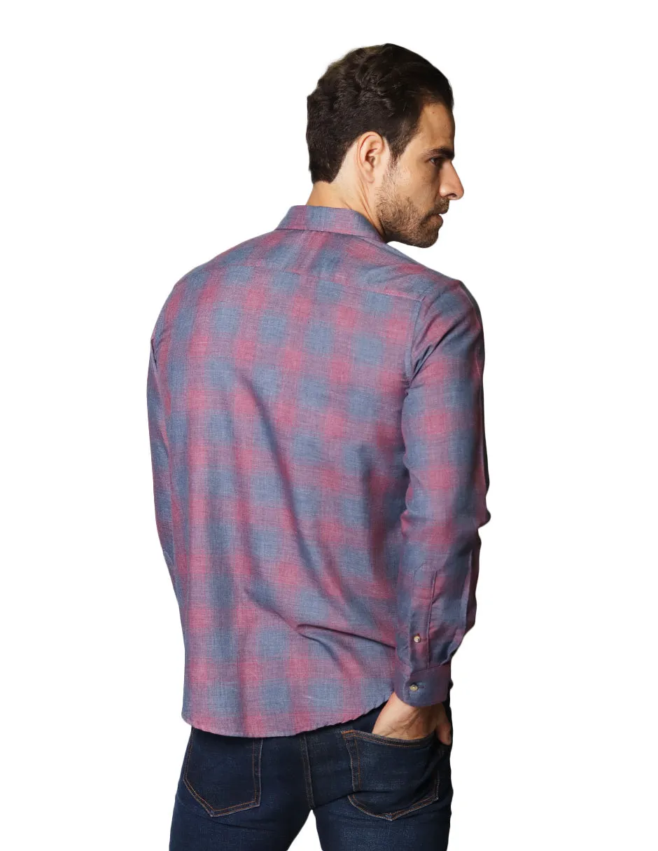 Camisas Para Hombre De Manga Larga Con Estapado De Cuadros Jaspeada Relaxed Fit B35117 Vino