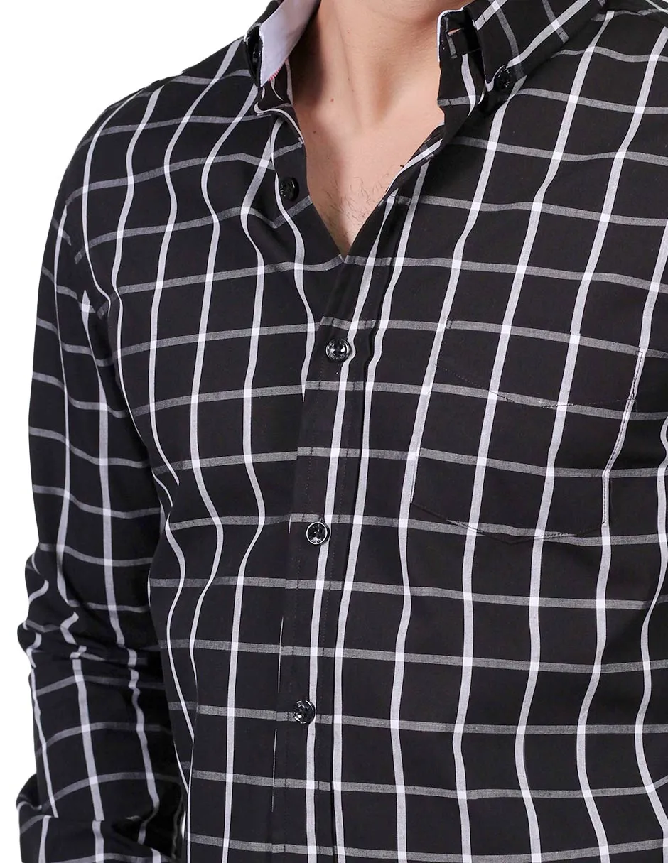 Camisas Para Hombre Manga Larga Cuadros Regular Fit Negro B25209