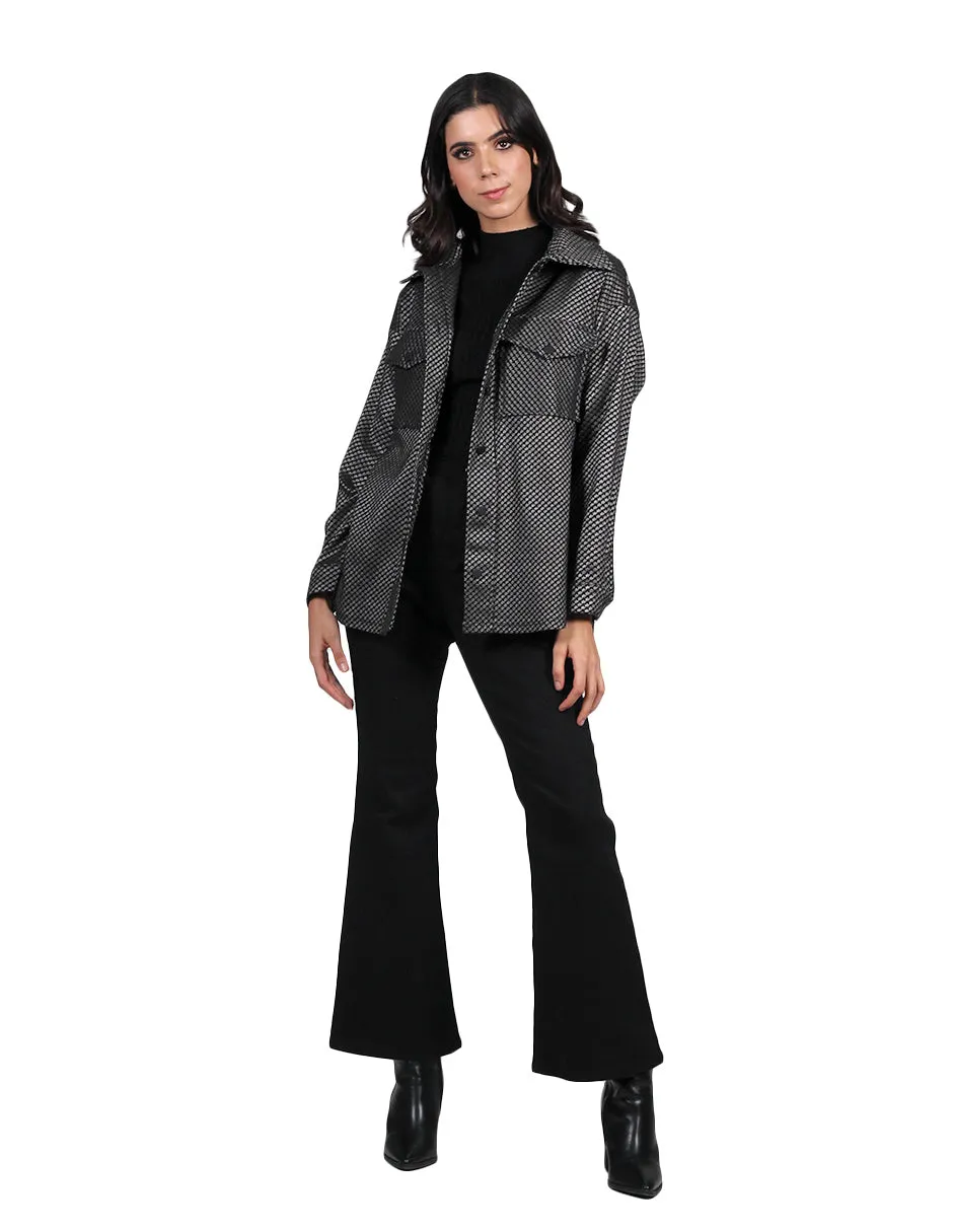 Chaquetas Para Mujer Oversize Estampado de Cuadros Brillo Con Bolsas Unico Q23101