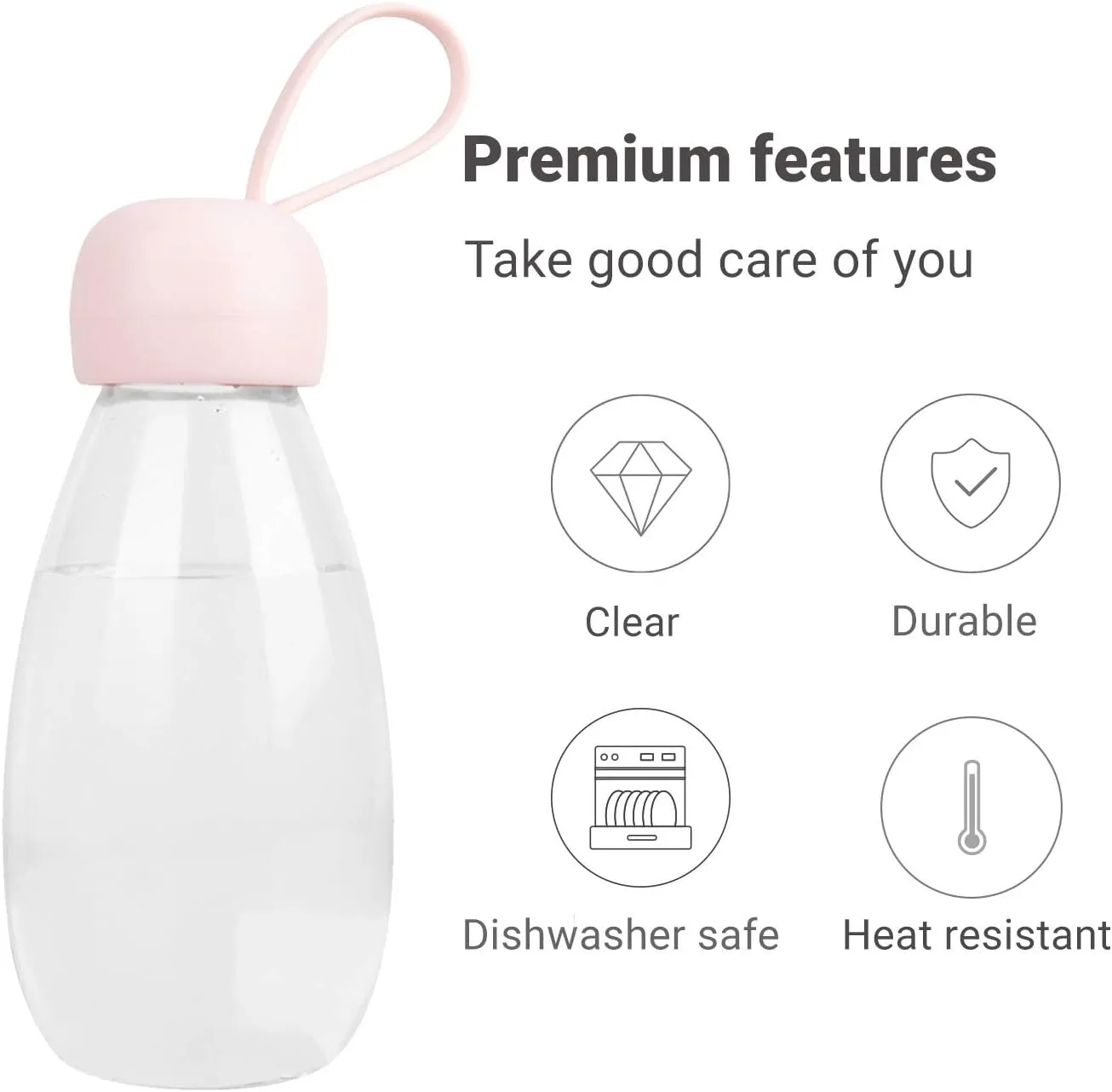 emoi BPA Free Water Bottle, 12oz/360ml Cute Water Bottle with Carrying Strap, Ideal for Kids Boys Girls Students Women Healthy Hydration-Pink