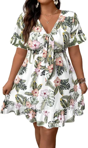 Floerns Women's Plus Size Wrap V Neck Short Sleeve Ruffle Hem A Line Short Dress