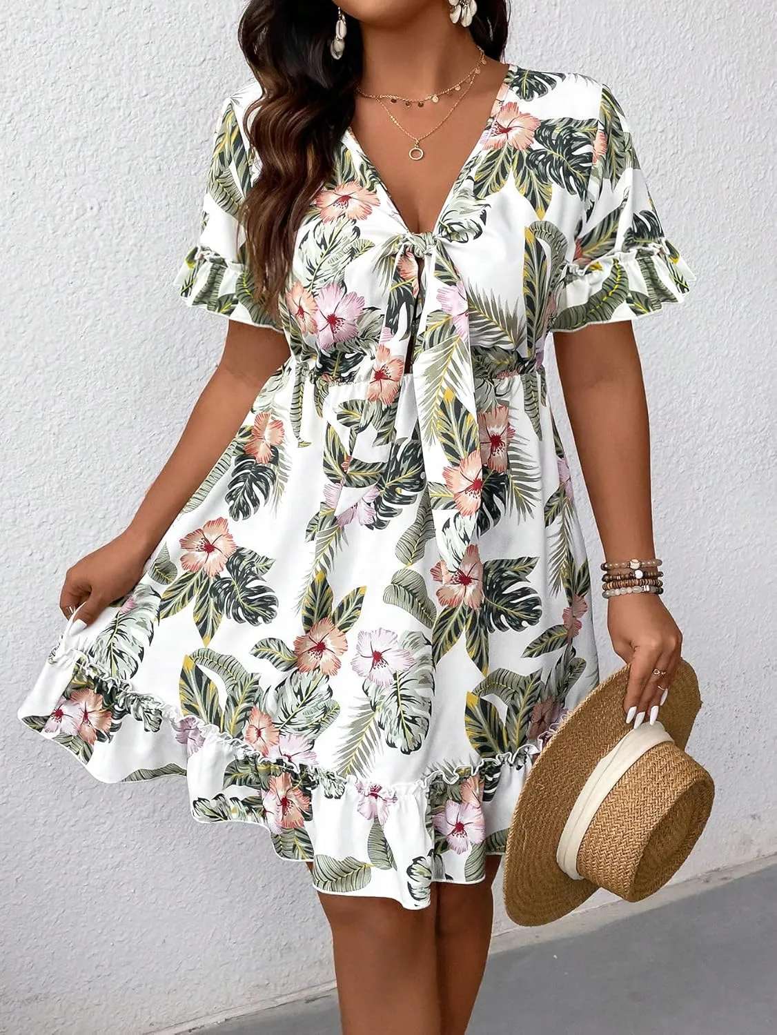 Floerns Women's Plus Size Wrap V Neck Short Sleeve Ruffle Hem A Line Short Dress