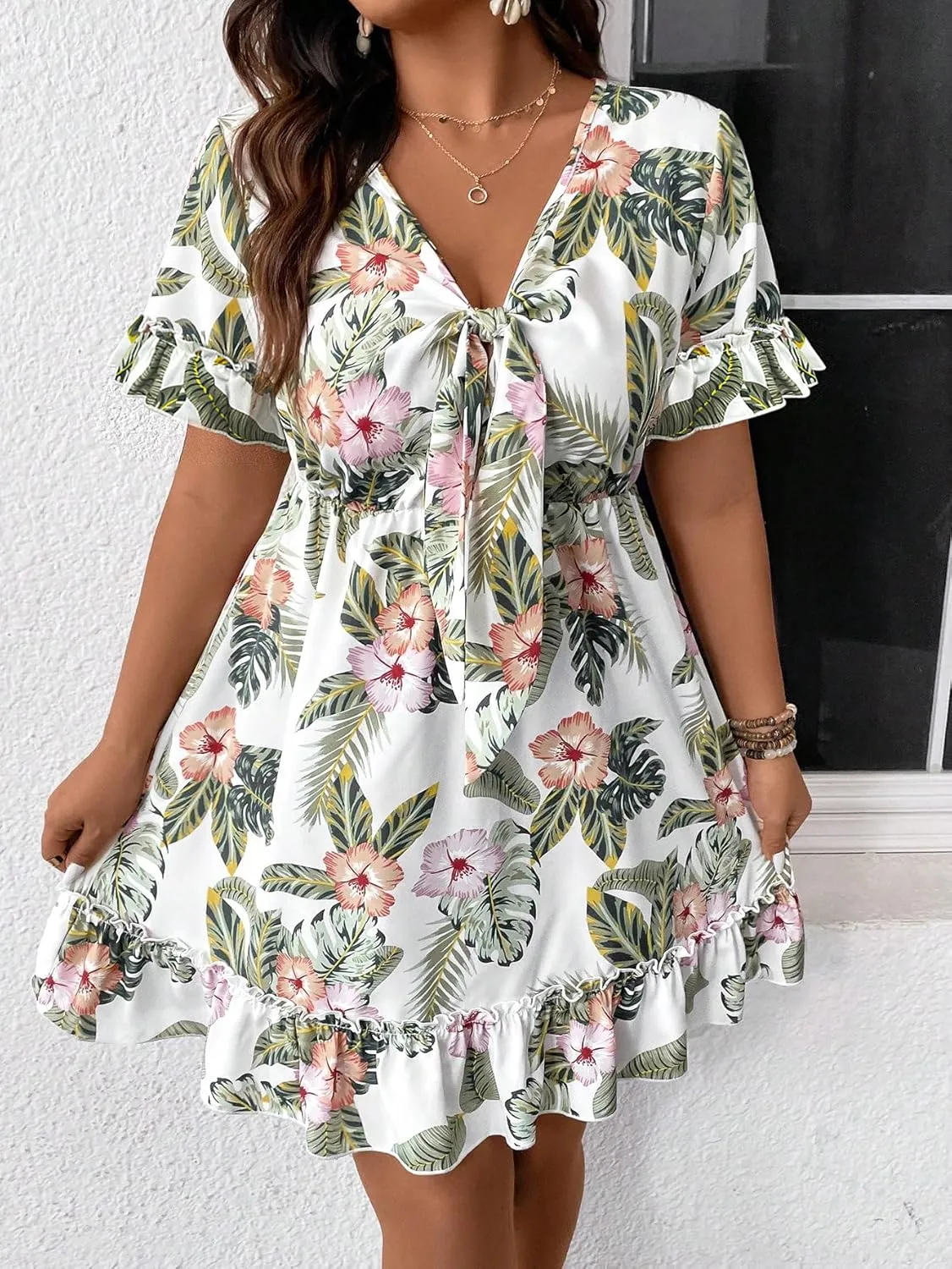Floerns Women's Plus Size Wrap V Neck Short Sleeve Ruffle Hem A Line Short Dress