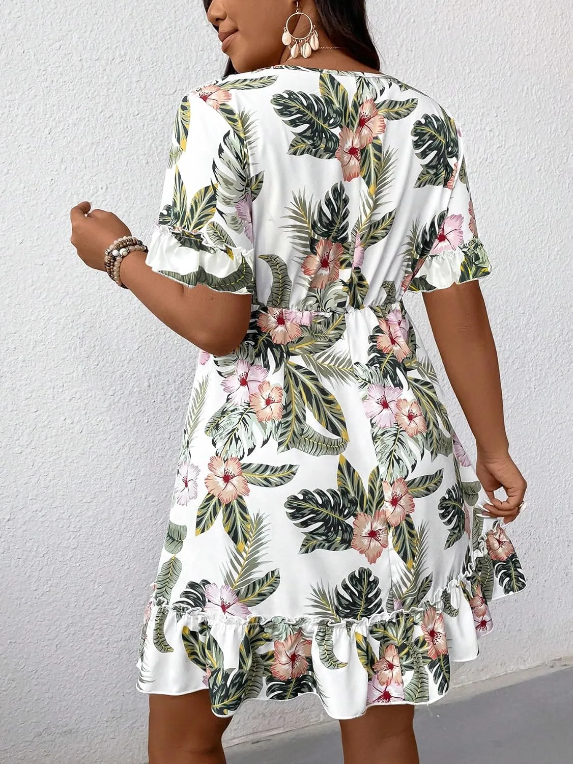 Floerns Women's Plus Size Wrap V Neck Short Sleeve Ruffle Hem A Line Short Dress