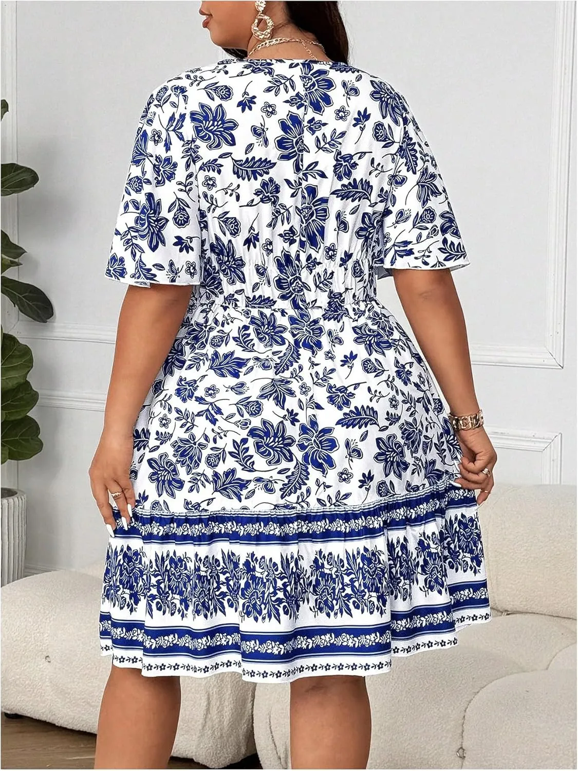 Floerns Women's Plus Size Wrap V Neck Short Sleeve Ruffle Hem A Line Short Dress