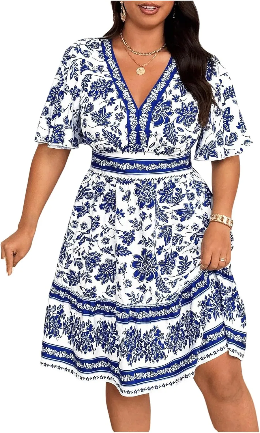 Floerns Women's Plus Size Wrap V Neck Short Sleeve Ruffle Hem A Line Short Dress