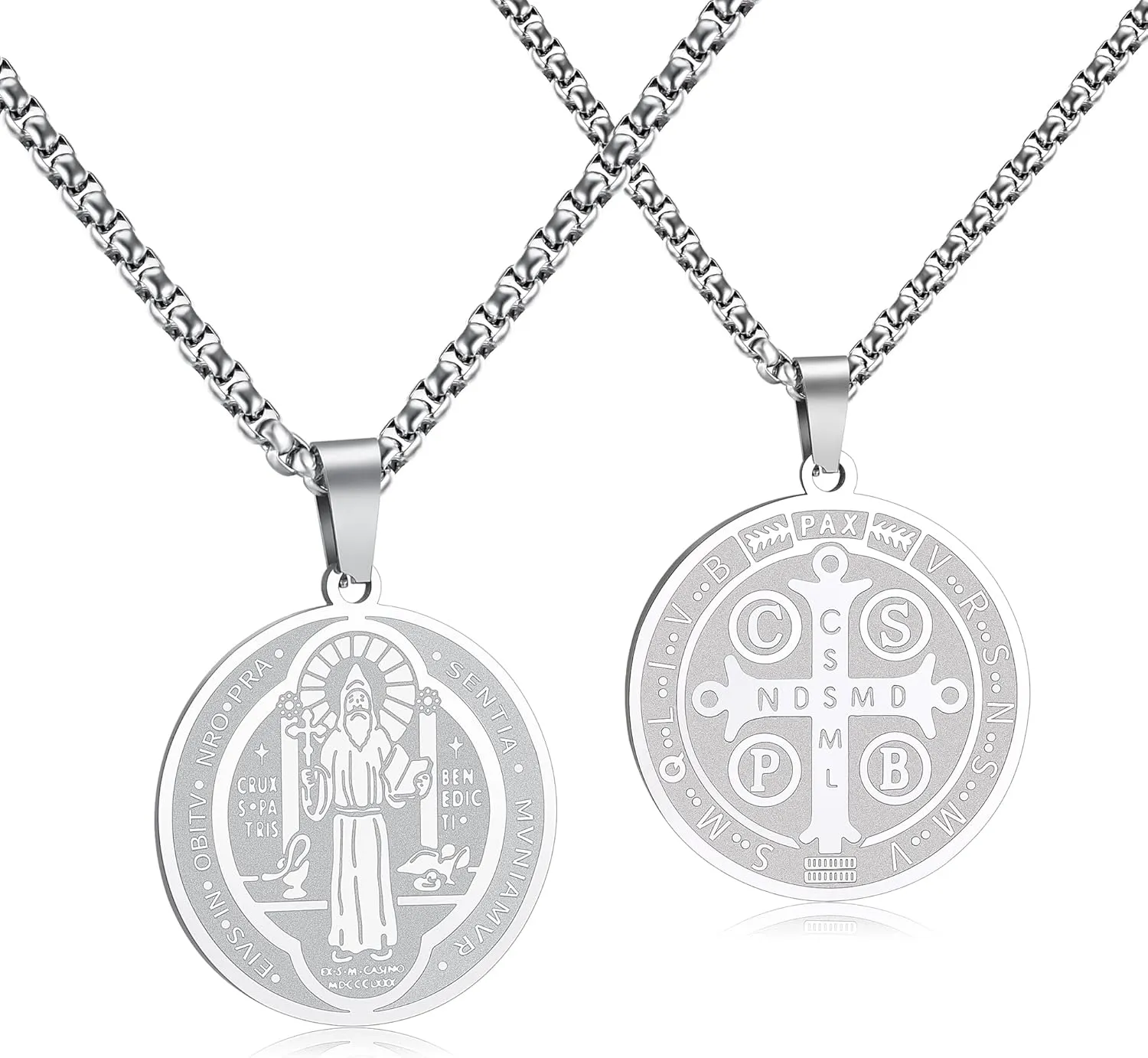 HANRESHE Medalla De San Benito Necklace Stainless Steel Silver St Benedict Medals Pendant Gift for Men