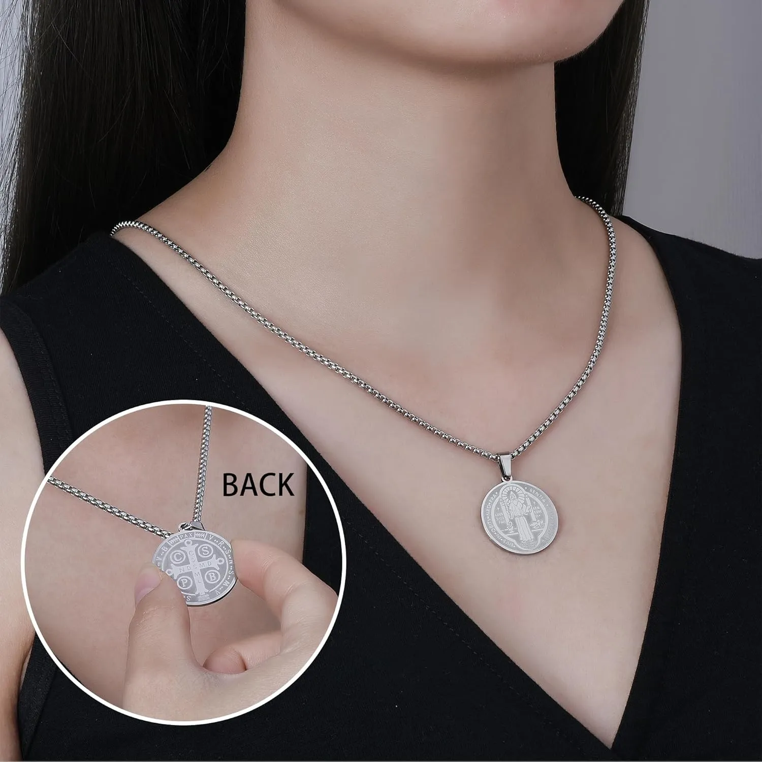 HANRESHE Medalla De San Benito Necklace Stainless Steel Silver St Benedict Medals Pendant Gift for Men