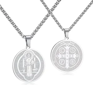HANRESHE Medalla De San Benito Necklace Stainless Steel Silver St Benedict Medals Pendant Gift for Men