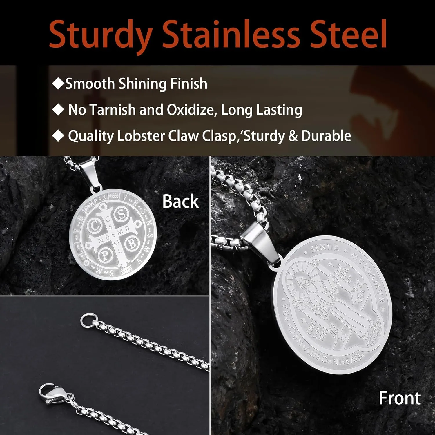 HANRESHE Medalla De San Benito Necklace Stainless Steel Silver St Benedict Medals Pendant Gift for Men