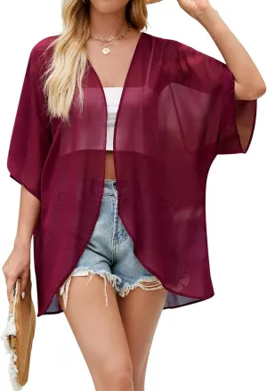 Hibluco Women's Floral Kimono Cardigan Casual Chiffon Tops Loose Beach Cover Ups
