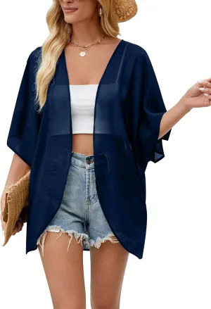 Hibluco Women's Floral Kimono Cardigan Casual Chiffon Tops Loose Beach Cover Ups