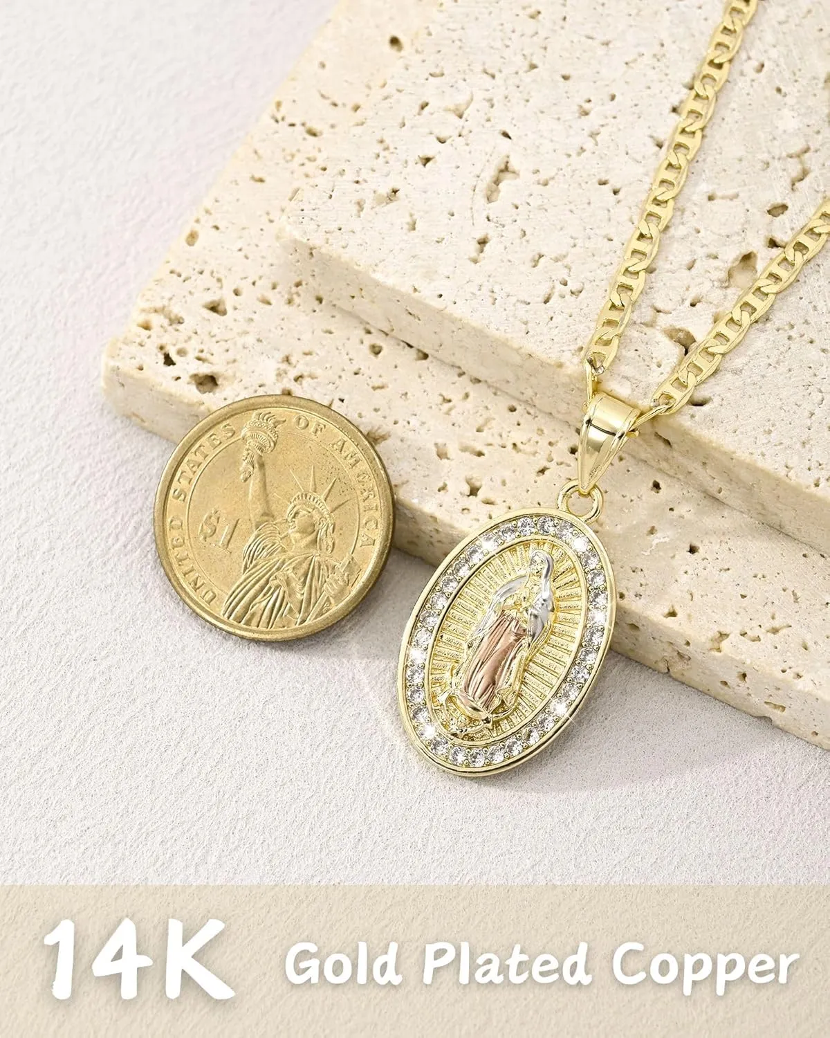 J&H DiaJuvelo Catholic Virgin Mary Necklace for Women 14K Gold Plated Virgen de Guadalupe Necklace Mother Mary Cubic Zirconia Virgin Mary Pendant Catholic Jewelry for Women Charm Gifts