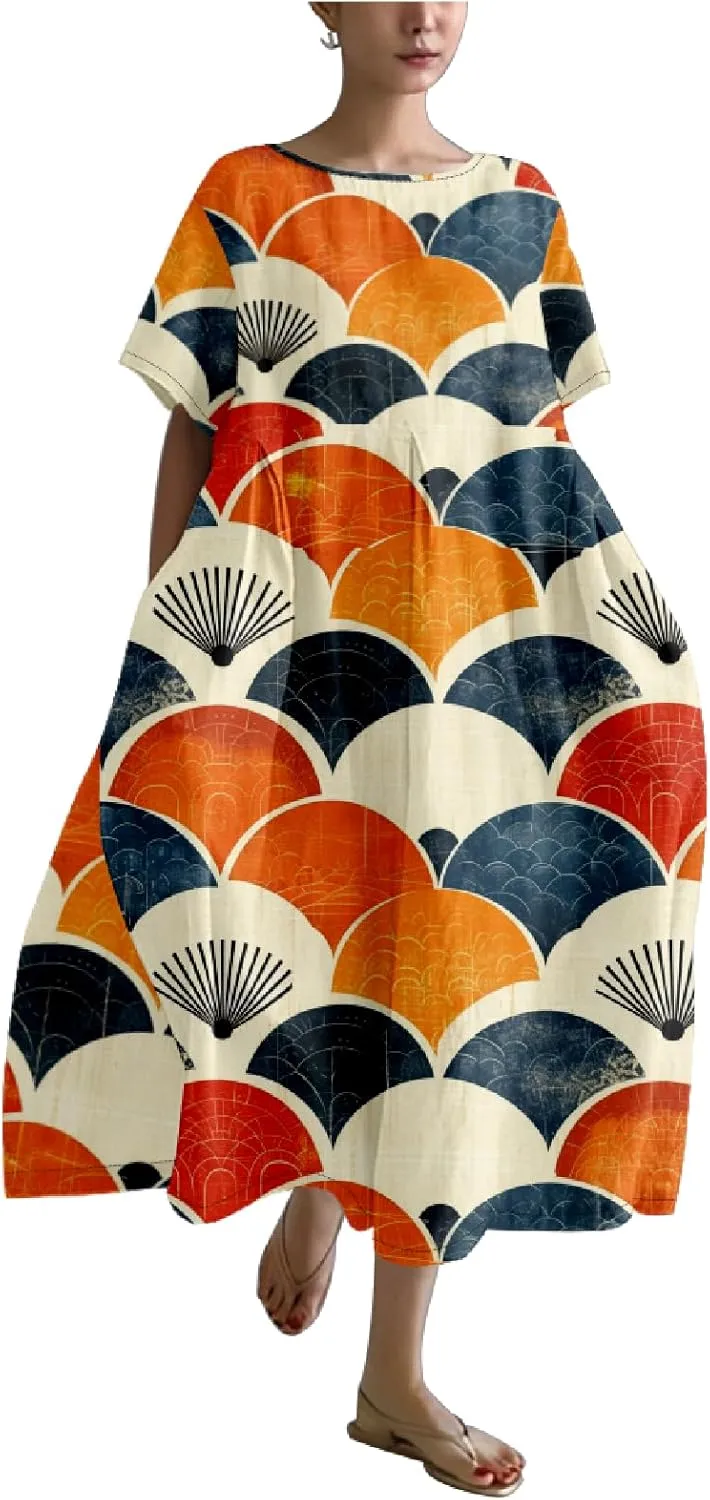 MARSVOVO Novelty Japanese Art Style Print Dress for Women Plus Size Short Sleeve Crewneck A-line Women Dress