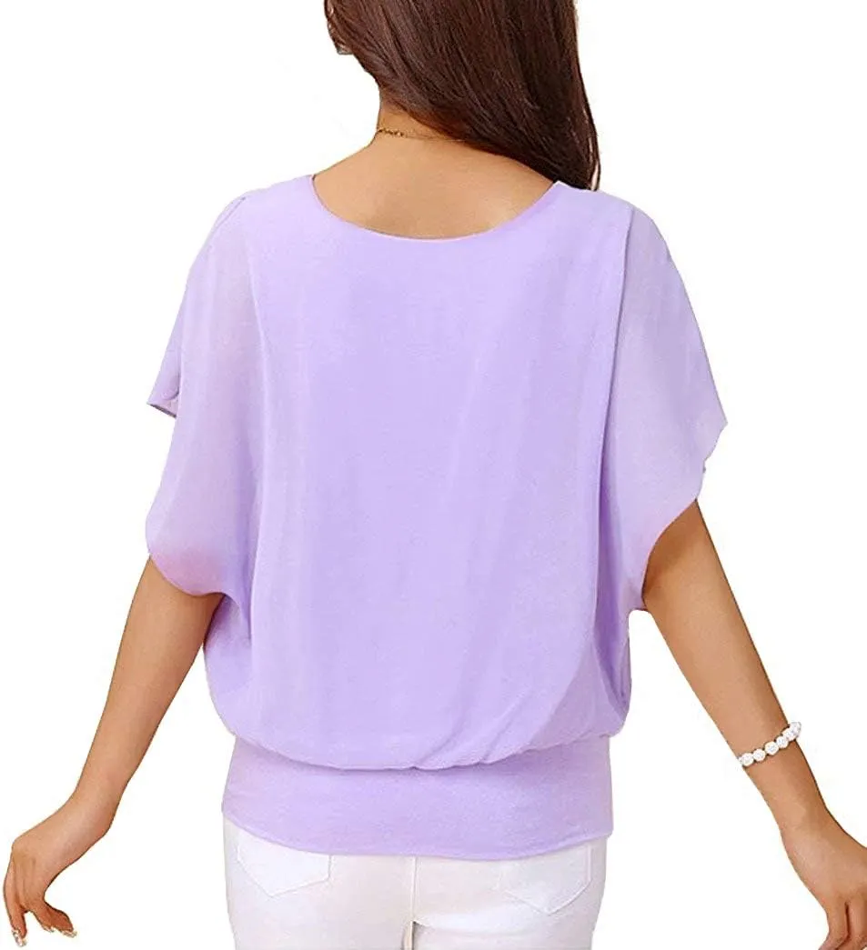 Neineiwu Women's Summer Loose Casual Short Sleeve Chiffon Top T-Shirt Blouse