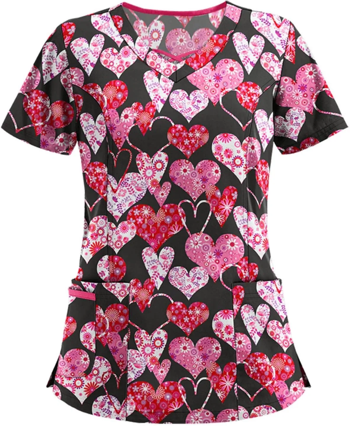 PETYCZEN Womens Scrub Tops Cute Animals Print V Neck Short Sleeve Shirts Stretch Nurse Uniform Medical Scrubs with Pockets