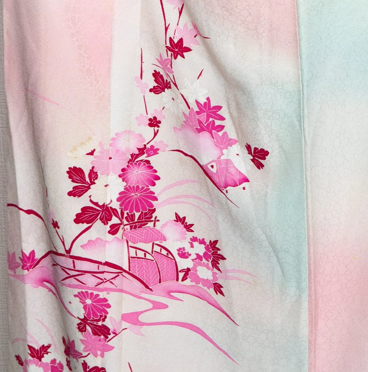 Pink & Baby Blue Women's Houmongi Kimono - Chinese Bellflower Chrysanthemum Acer Palmatum