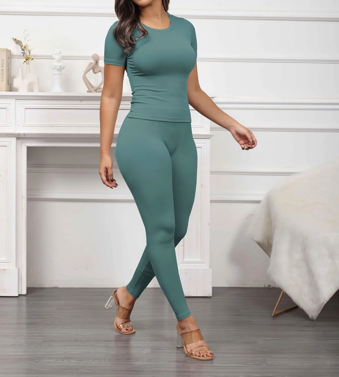 PINSV Women 2 Piece Outfits Legging Sets Fitted Crew Neck T-shirt High Waist Legging Pants Matching Sets Workout Streetwear