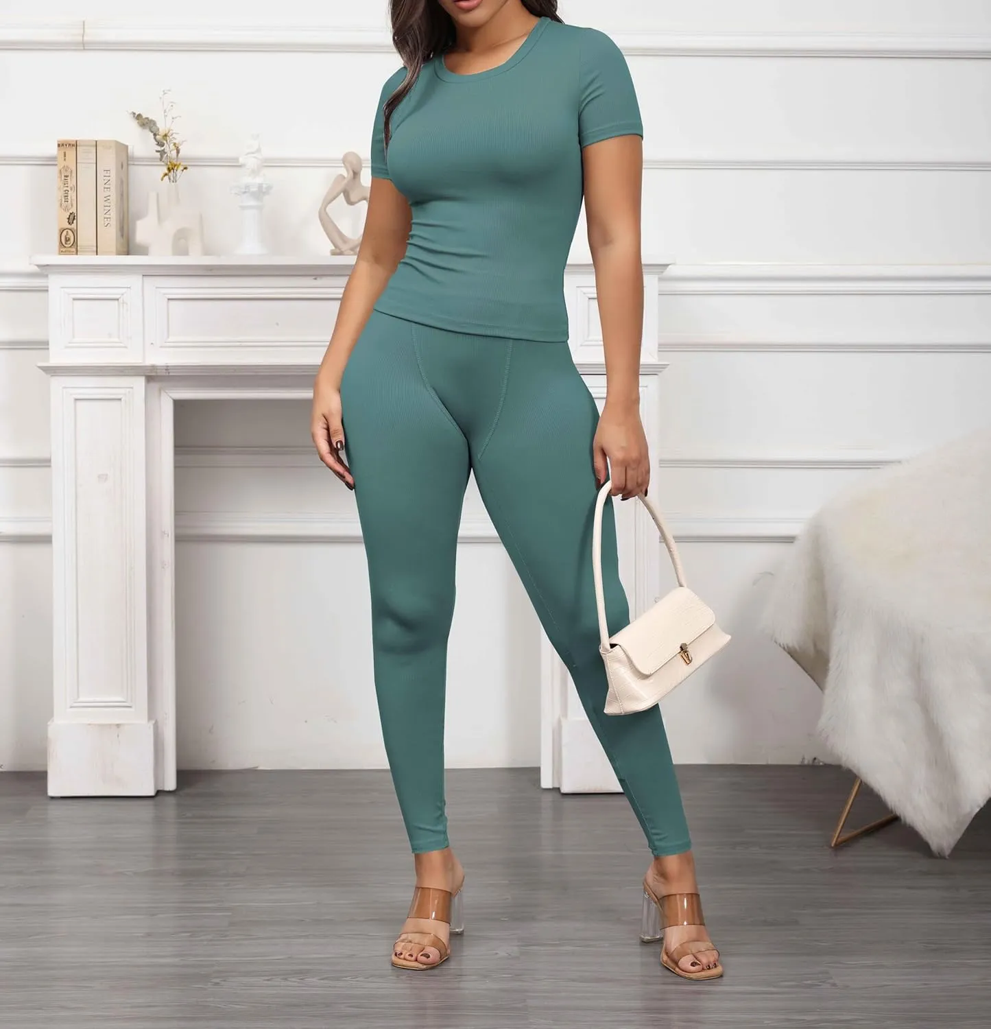 PINSV Women 2 Piece Outfits Legging Sets Fitted Crew Neck T-shirt High Waist Legging Pants Matching Sets Workout Streetwear