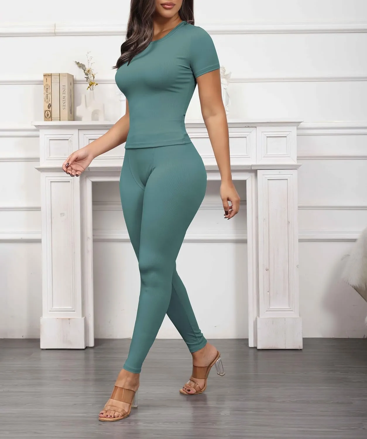 PINSV Women 2 Piece Outfits Legging Sets Fitted Crew Neck T-shirt High Waist Legging Pants Matching Sets Workout Streetwear