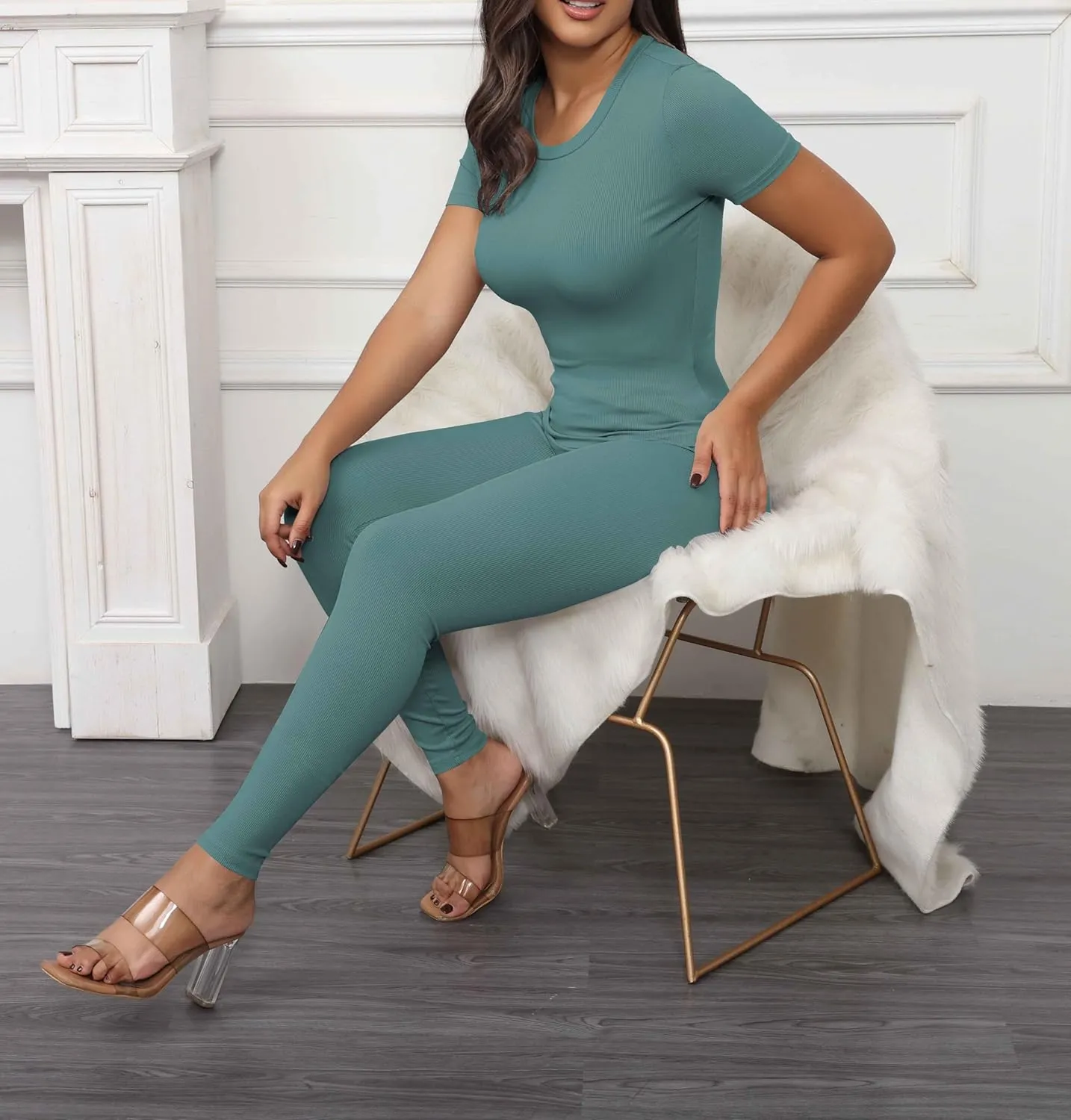 PINSV Women 2 Piece Outfits Legging Sets Fitted Crew Neck T-shirt High Waist Legging Pants Matching Sets Workout Streetwear